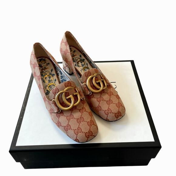 Gucci Monogram GG Victoire Loafer Pump Beige Ruggine Block Heel Size 37 US 7 - Picture 3 of 16